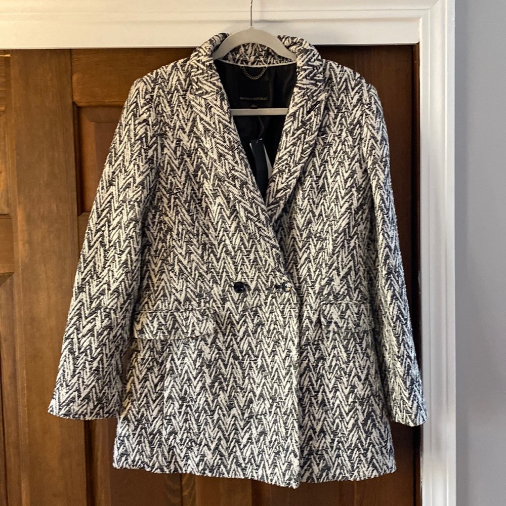 NWT Banana Republic black and white blue clay, zigzag, double breasted blazer sm